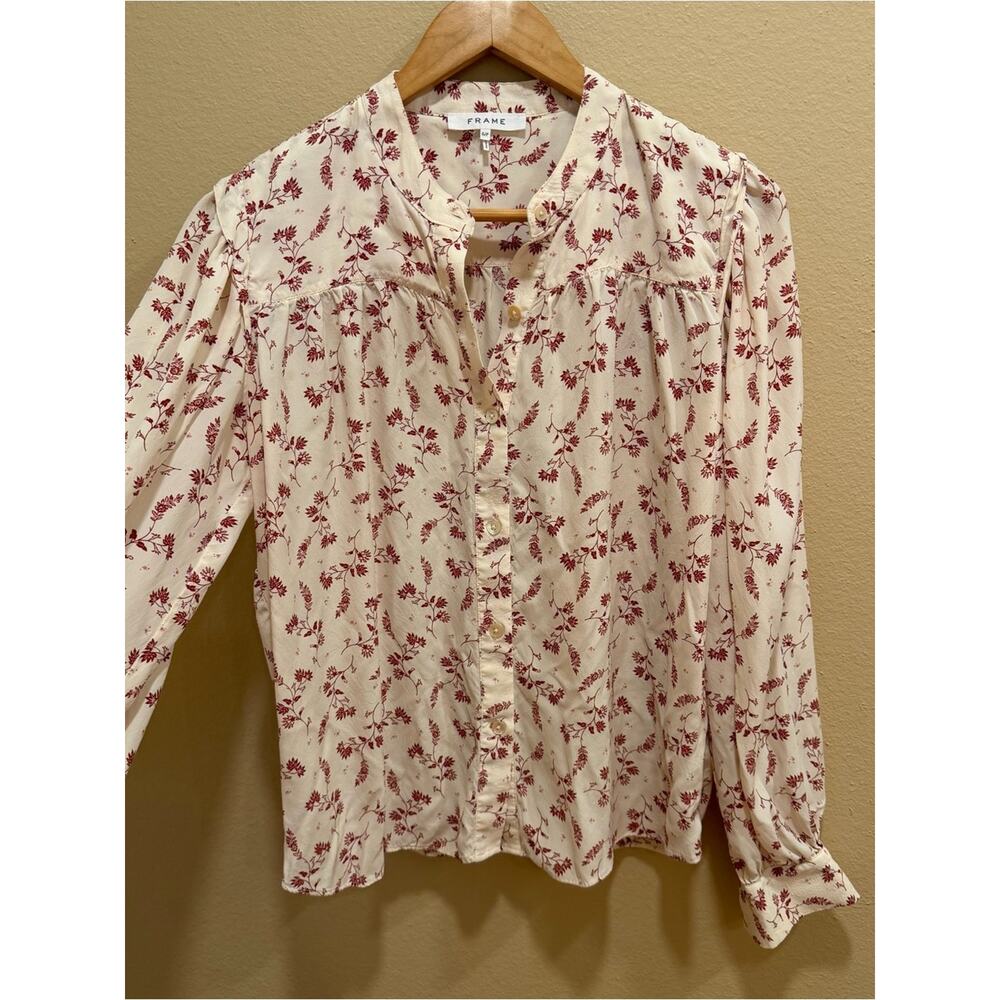 Frame Silk Blend Cream Blouse with Rust Floral Print Oversized Small - Picture 13 of 16